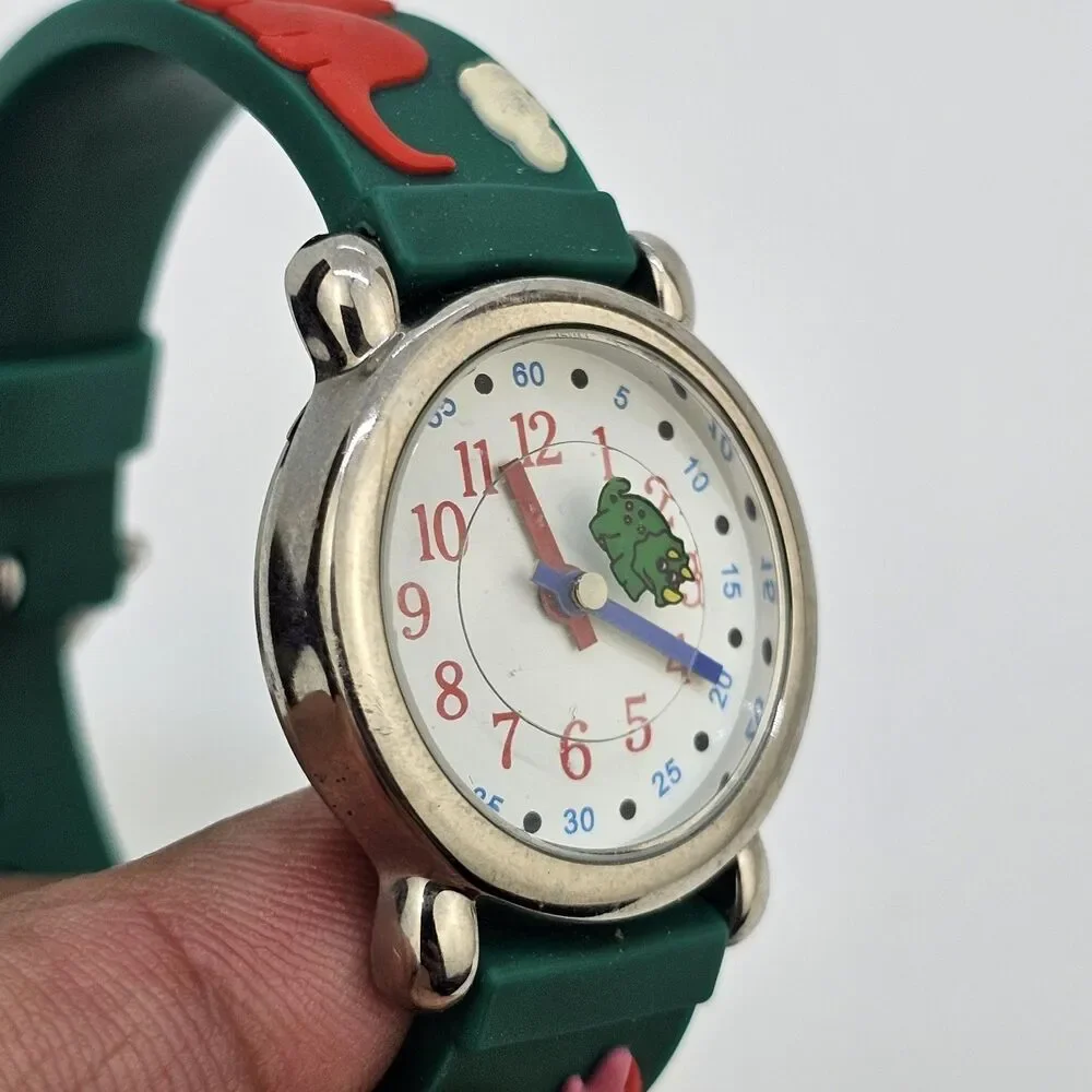 Kids Watch‎ 27MM White Dial Animal Characters Green Plastic Bands New Battery